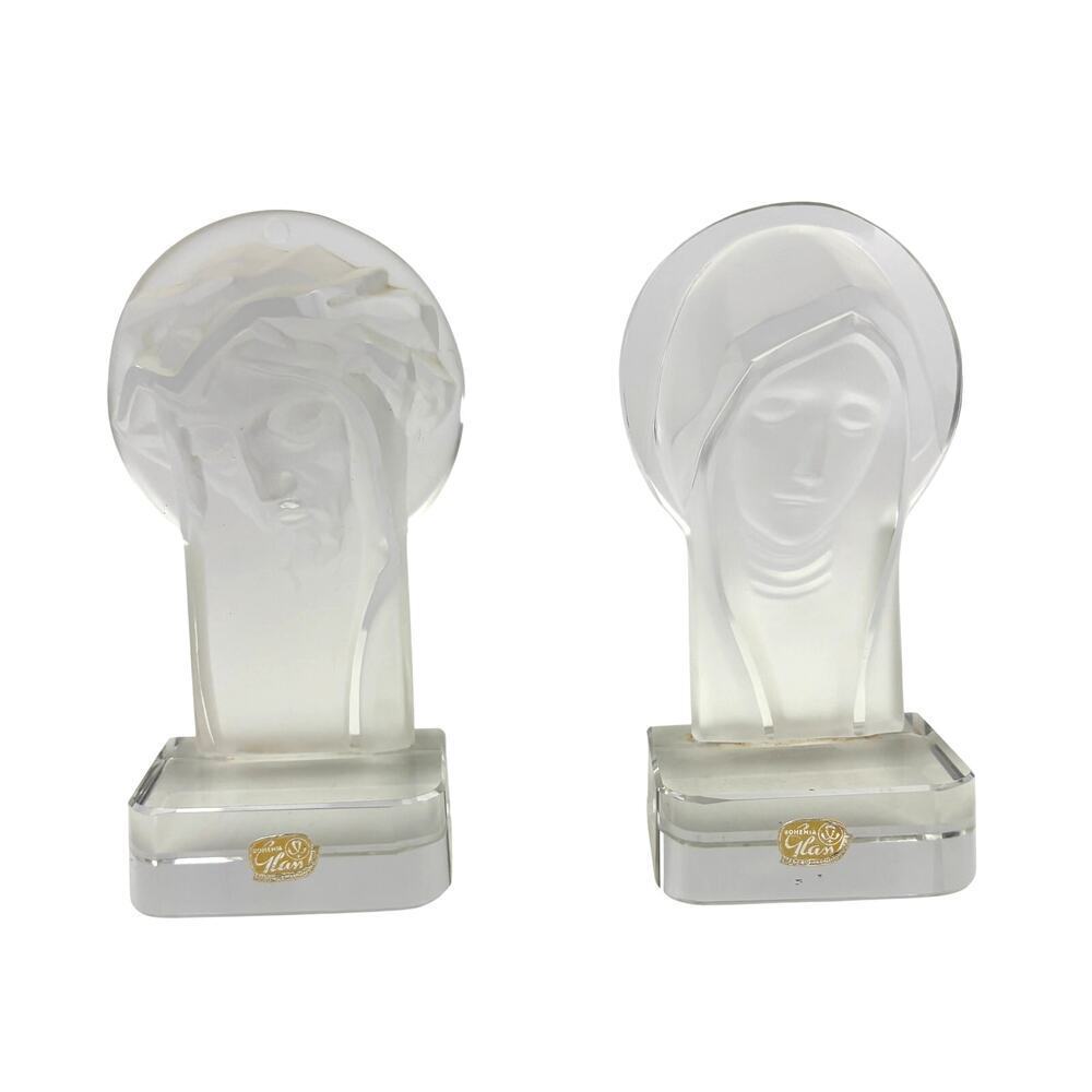 VTG Czech Bohemia Glass Crystal Mary‎ & Jesus Frosted Figures 1970's Set Bookend